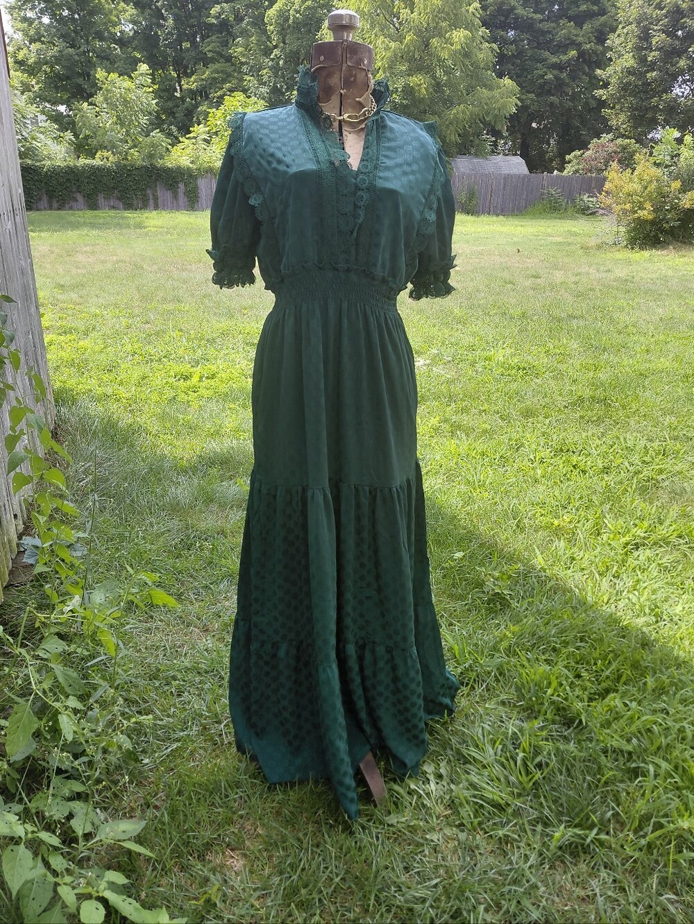NWT Max Studio emerald green Bridgerton regency lace polka dot maxi dress XS